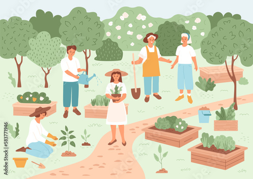 Community garden. People enjoying time and communicate. Public farm in town. Young and adult men and women farming. Spring and summer ecology activity. Beds with green bushes. Vector illustration.