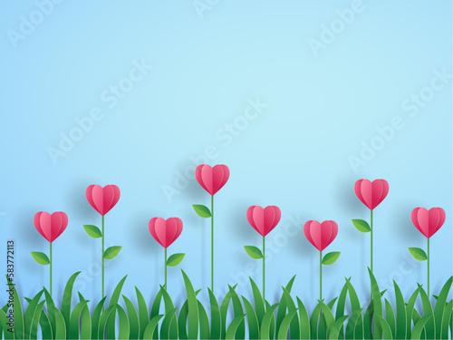 Pink origami flower in heart shape and grass on blue background in Valentine's card concept with text LOVE YOU. Vector illustration art design in paper cut style.