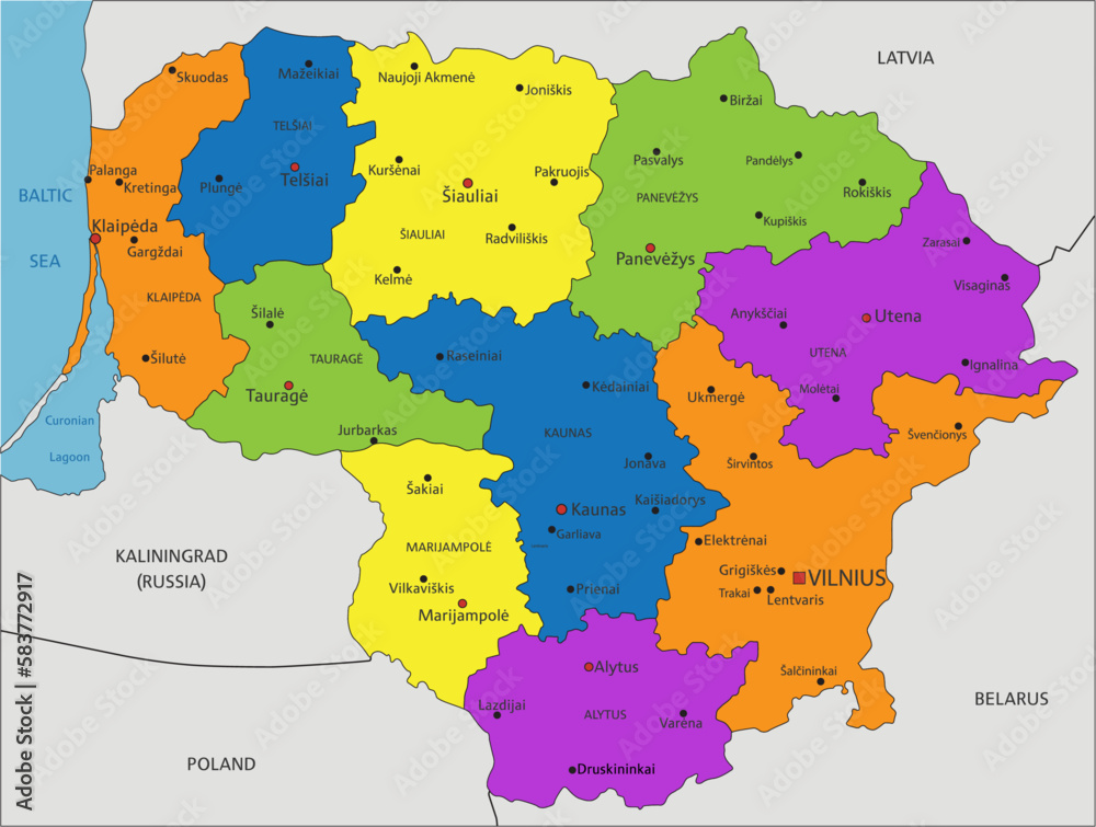 Colorful Lithuania political map with clearly labeled, separated layers. Vector illustration.