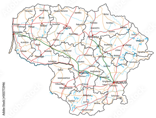 Lithuania road and highway map. Vector illustration.