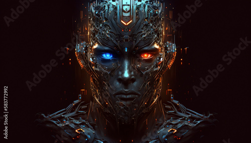 Cyborg face in the making on black background ai Generative.Generative AI.