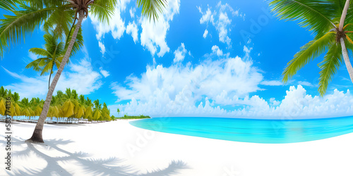 Beautiful sandy beach with white sand and rolling calm wave of turquoise ocean on Sunny day on background white clouds by Generative AI  © Matthias