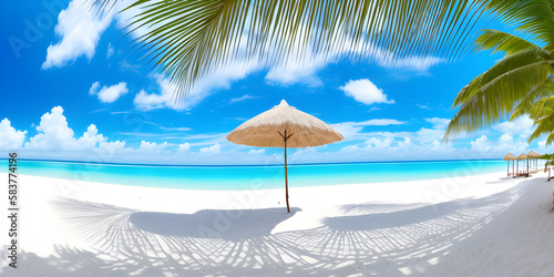 Beautiful sandy beach with white sand and rolling calm wave of turquoise ocean on Sunny day on background white clouds by Generative AI 