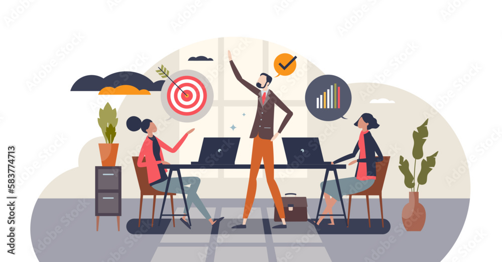 Performance management and business development growth tiny person concept, transparent background. Efficient and productive work with clear and strong leadership for motivation.