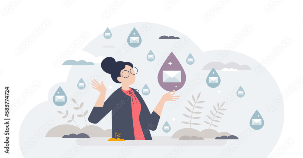 Drip marketing and communication automation strategy tiny person concept, transparent background. Scheduled email messages or letters for customer engagement with newsletters.