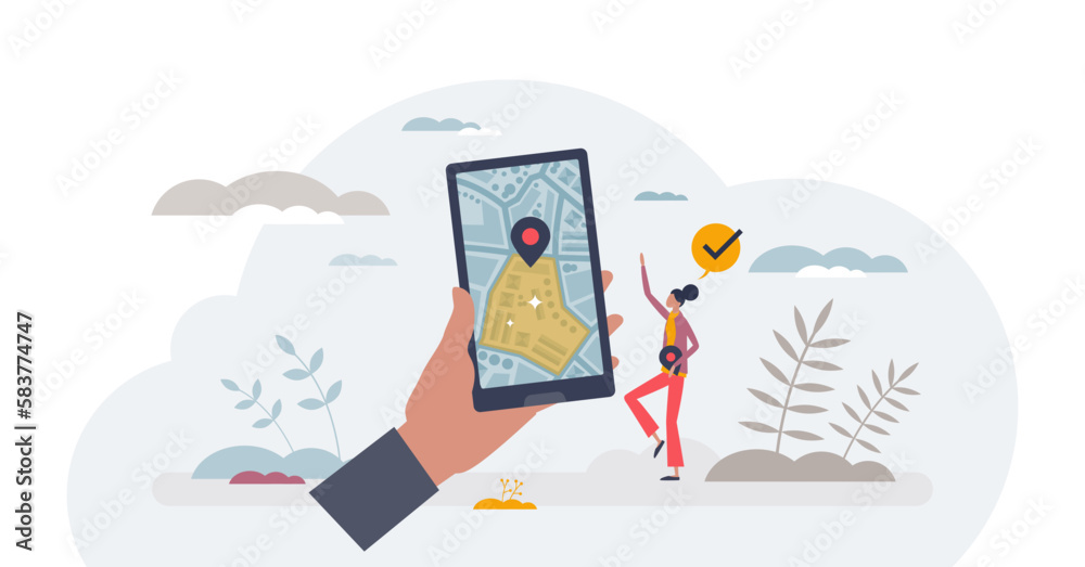 Geofencing as map area boundary for marketing action tiny person concept, transparent background. GPS satellite navigation usage for smartphone ecommerce system with precise targeting illustration.