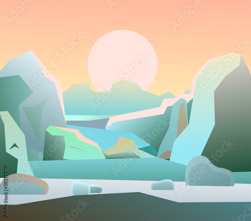 Arctic cold. Sunrise in fog. Winter landscape. Harsh cold nature. Snow and ice frost. Cartoon fun style. Flat design. Vector