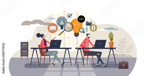 Body doubles cowork or parallel work with partnership tiny person concept, transparent background.Collaboration and effective teamwork with common project effort illustration.
