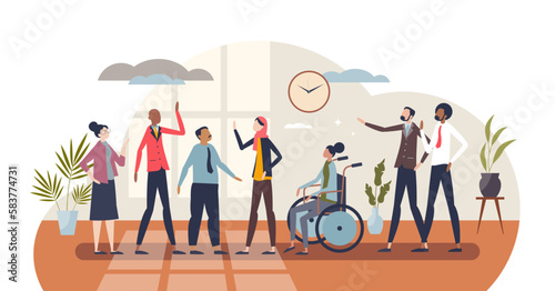 Diversity in workplace as team with different ethnicity, race or gender tiny person concept, transparent background. Unite business teamwork.