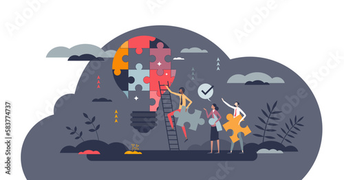 Innovation and new idea generation with creative teamwork tiny person concept, transparent background. Startup development with effective brainstorm from partnership, collaboration.