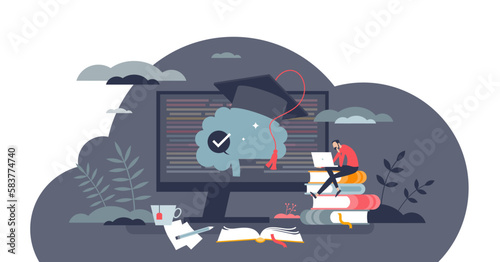 Education technology or edtech for online learning tiny person concept, transparent background. Digital academic course for university graduation and diploma illustration.