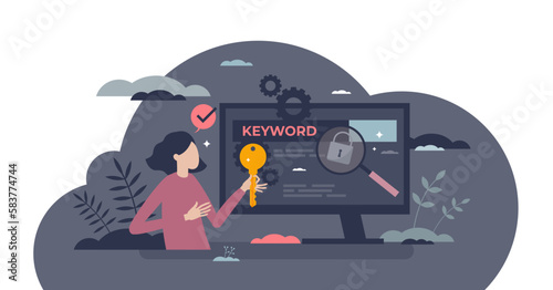 Keyword research for SEO and website content ranking tiny person concept, transparent background. Search engine optimization improvement work.