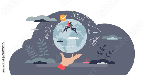 Global education and international knowledge learning tiny person concept, transparent background.Worldwide experience with distant university seminars or academic study illustration.