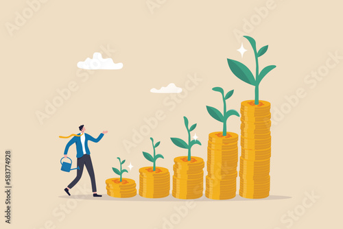 Saving growth, growing investment or earning profit, mutual fund, wealth accumulation or compound interest, pension fund prosperity concept, businessman watering growing coin stack seedling growth.