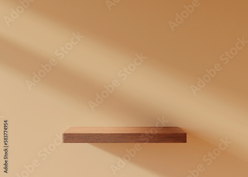 Wooden shelf mockup on a minimal beige background. 3d Rendering