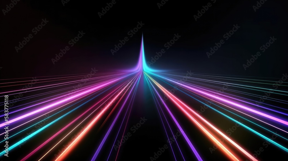 Speed motion on the neon glowing road at dark. Blue lights on the perspective road. Abstract colored light streaks acceleration. Perspective space gates. Generative AI. - obrazy, fototapety, plakaty 