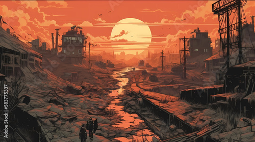 post-apocalyptic wasteland, comic book art style. digital art illustration