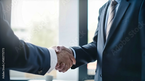 Businessman handshake for success deal in business merger and acquisition, development opportunity achievement as business partnership and consolidate. Generative AI  © Matyfiz