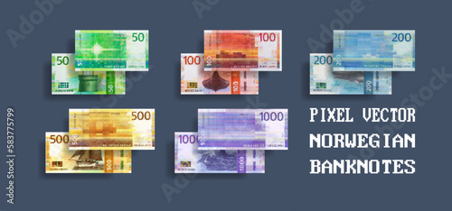 Vector set of pixelated mosaic banknotes of Norway. Bills in denominations of 50, 100, 200, 500 and 1000 krone.
