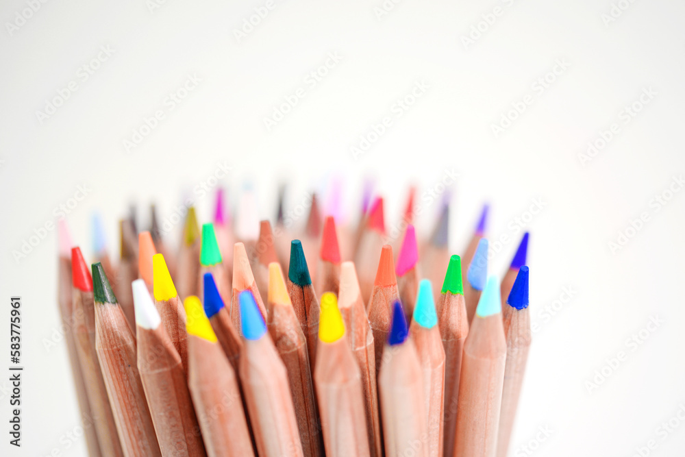 Color pencils on white background soft focus Color pencils on white background soft focus