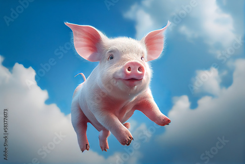 Animal creative concept on pastel blue sky with clouds background. Small baby domestic animal, cute baby pink pig flying, little piggy. Illustration, Generative AI.
