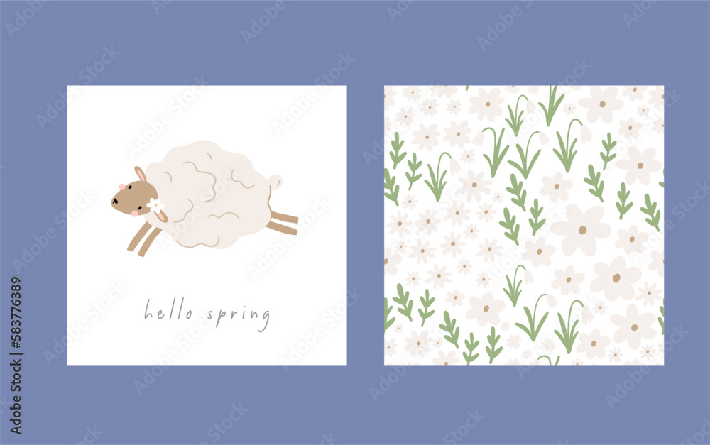 Cute sheep on farm - vector print. Vector seamless pattern  in flat style