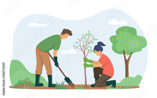 Young people plant trees in city park in the spring. Group people work together to improve the environment. Vector illustration.