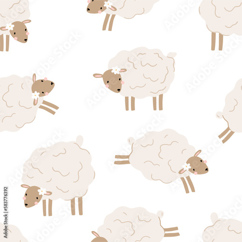 Cute sheep on farm - vector print. Vector seamless pattern  in flat style