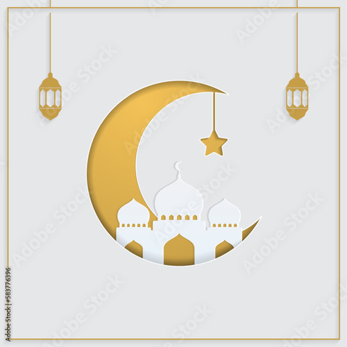 Islamic Background With Crescent and mosque papercut style vector illustration