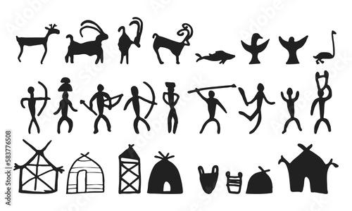 Cave painting prehistoric rock art hand drawn sketch style vector illustration set. Rock age cave paintings set with prehistoric wild animals, tribal people and village buildings.