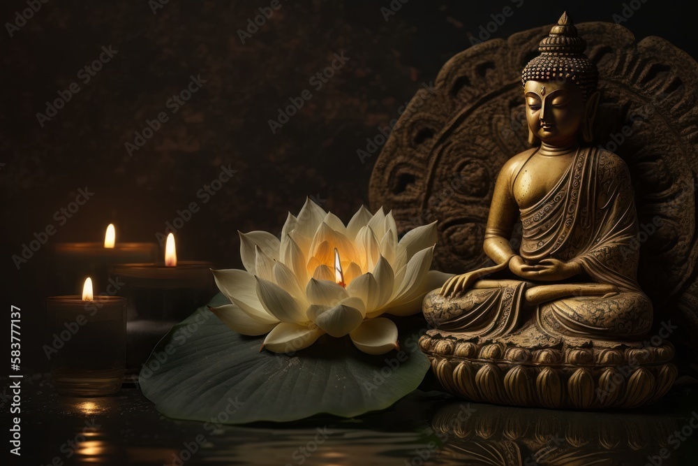Buddha statue with Candle light, Buddha purnima Vesak day background. Generative ai