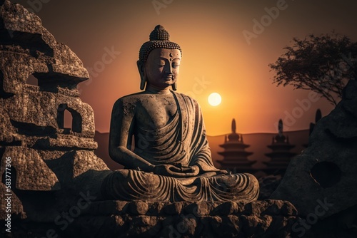 Buddha statue on Sunset background, Buddha purnima Vesak day. Generative ai photo