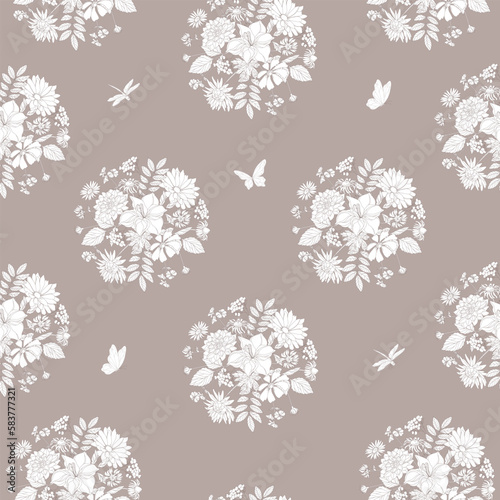 Floral seamless pattern with garden flowers peonies, birds and butterflies.