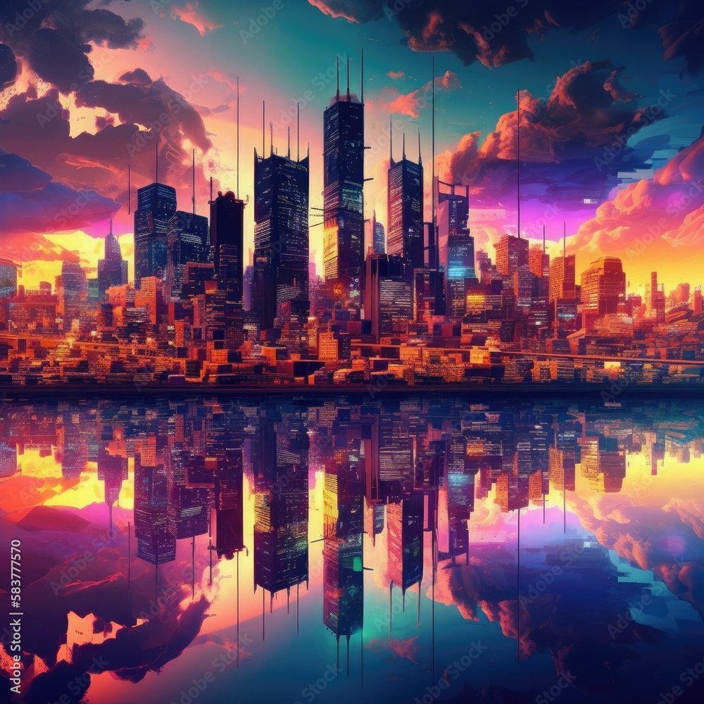 Country skyline at sunset. Generative AI.