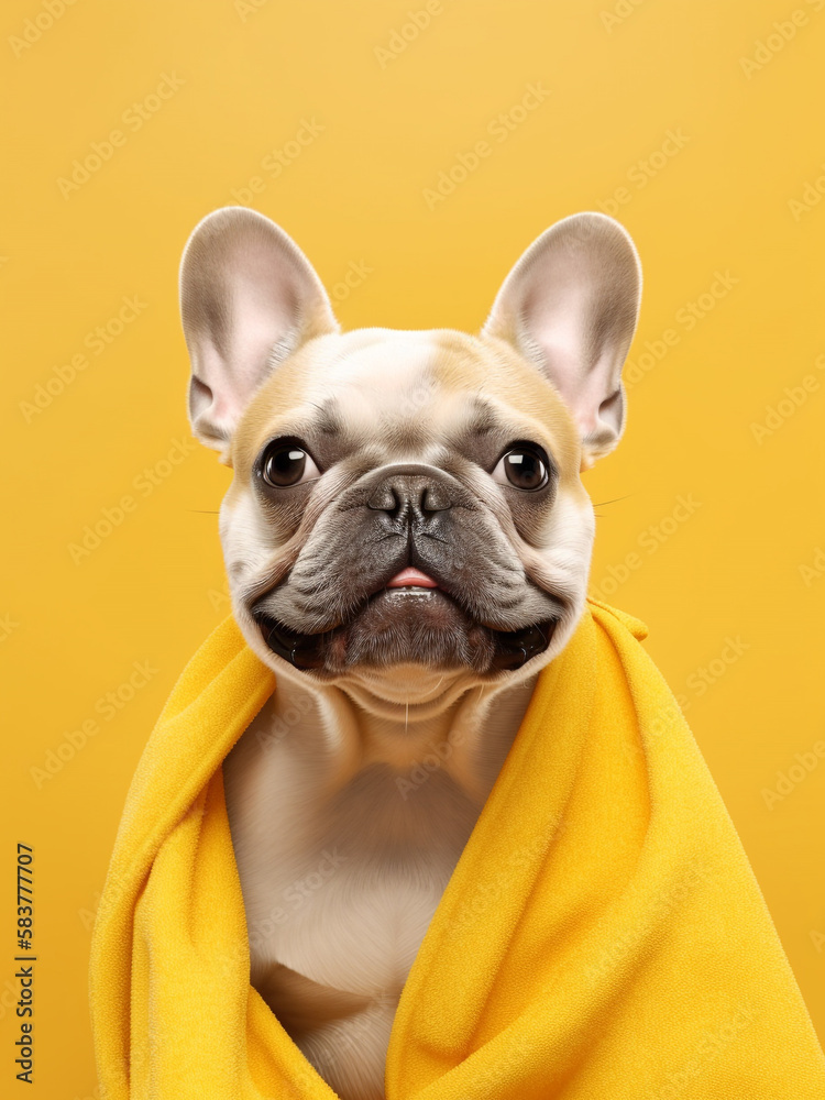 Studio shot of a pit bull dog portrait wearing yellow towel on yellow background. Generative AI