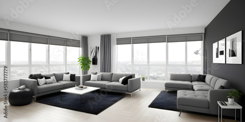 Modern interior for an apartment living room with a panoramic view by Generative AI  
