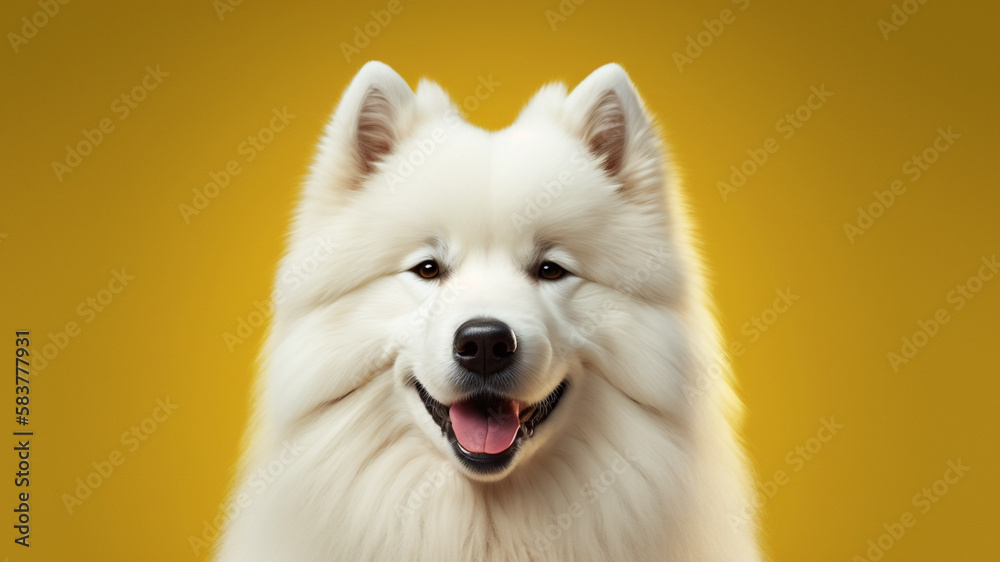 Close up face of white samoyed puppies against a yellow background. Generative AI