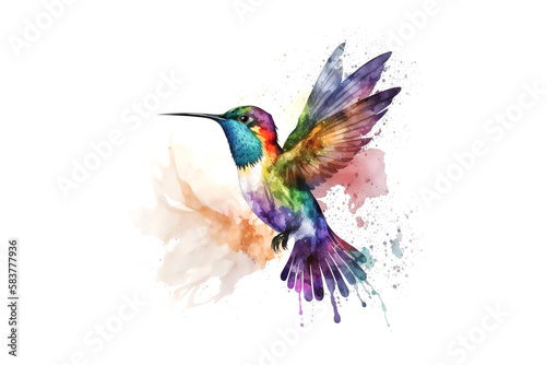 hummingbird draw with multicolored watercolor paints isolated on white background. Generated by AI