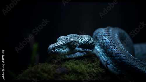 Close up of the exotic blue insularis snake on a branch and dark background, trimeresurus insularis, venomous viper snake. Generative AI