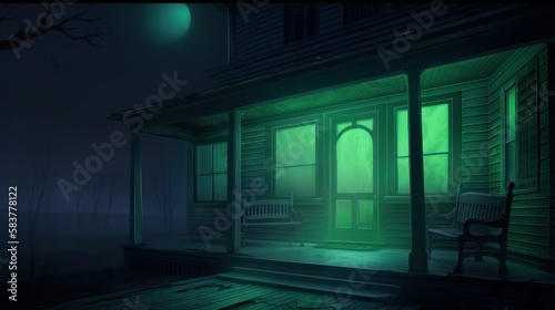 Front Porch of a ghostly  creepy and abandoned building  Haunted house Background  Digital Illustration  Concept Art  Generative AI