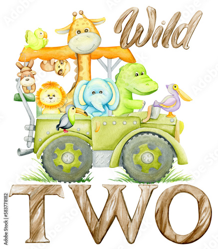 elephant, giraffe, monkey, sloth, lion, crocodile, auto, text, wild two. Watercolor holiday clipart in cartoon style, on an isolated background. photo