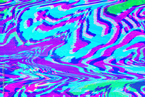 Abstract purple pink green neon rainbow wavy background interlaced digital Distorted Motion glitch effect. Futuristic striped glitched cyberpunk design Retro rave 90s, 2000s new wave colors aesthetic