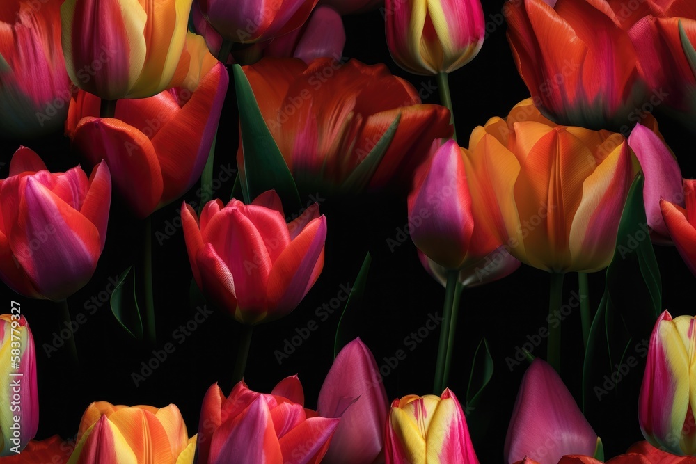 Fototapeta premium Spring Mixed Colorful Tulip Tulips Flower Flowers Seamless Repeating Repeatable Texture Pattern Tiled Tessellation Background Image