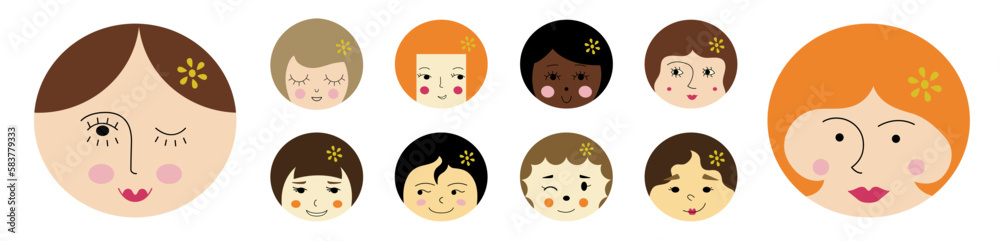 Feminine look, abstract personage, mascot design, funny face, cute icon. Feminine look, abstract personage, mascot design, funny face, cute icon.