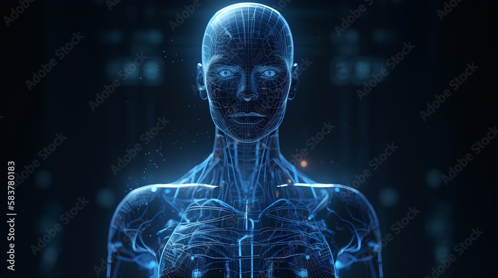 Power of AI in health care. A blue human anatomy on a dark background. Innovative diagnostics, personalized treatments, and advanced imaging technologies. Future of digital medicine. Generative AI Power of AI in health care. A blue human anatomy on a dark background. Innovative diagnostics, personalized treatments, and advanced imaging technologies. Future of digital medicine. Generative AI