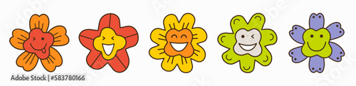 Smiling flower, abstract personage, mascot design, funny face, cute icon.