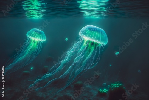 Magic bioluminescent jellyfish glowing in the water. Generative AI © lukjonis