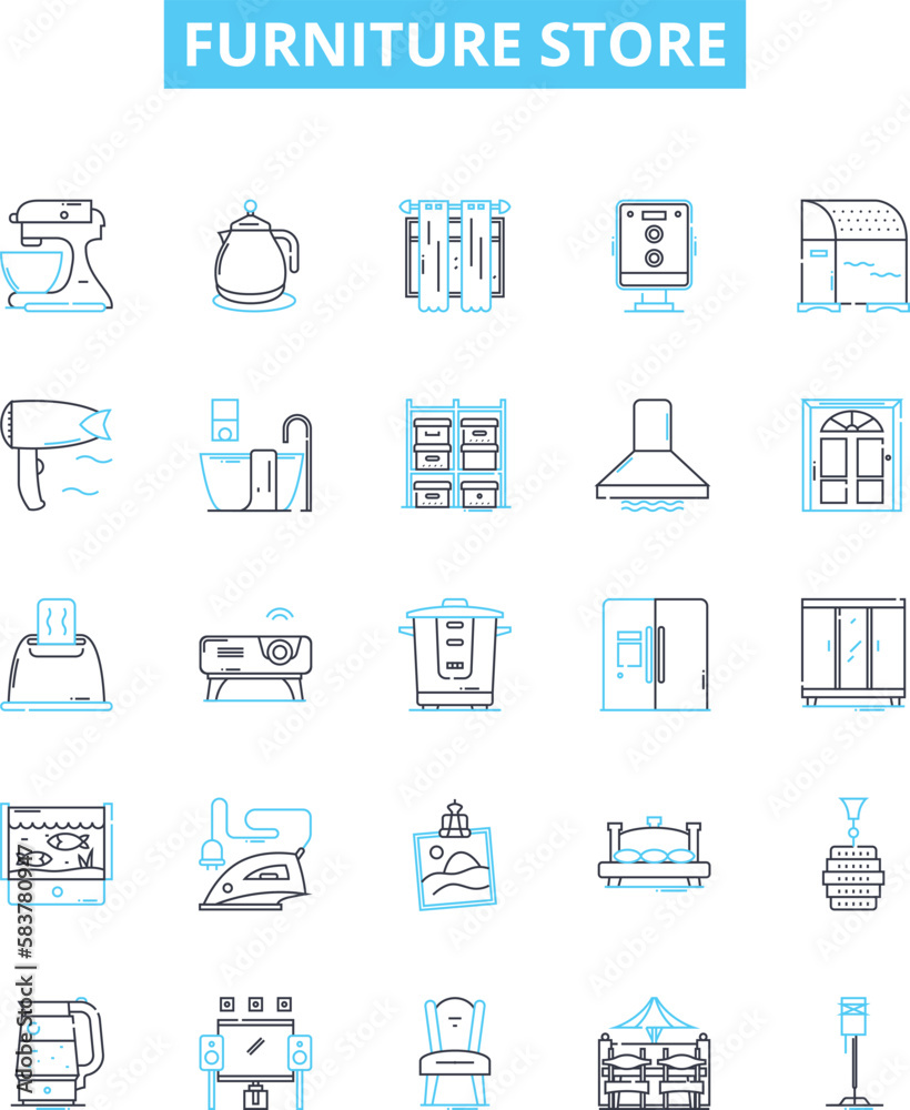 Furniture store vector line icons set. Furniture, Store, Sofa, Chair, Desk, Table, Cabinet illustration outline concept symbols and signs Furniture store vector line icons set. Furniture, Store, Sofa, Chair, Desk, Table, Cabinet illustration outline concept symbols and signs