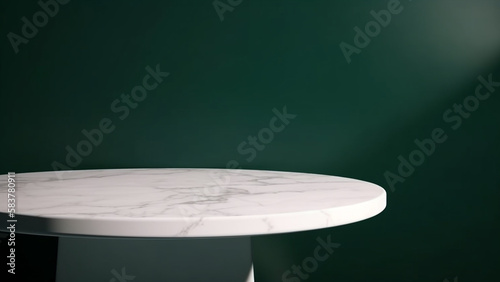 3D render modern empty marble top for product overlay on dark green background