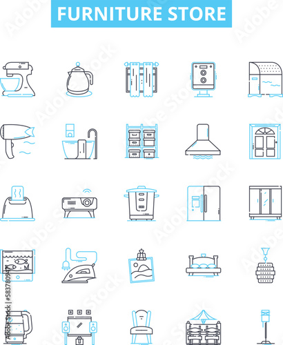 Furniture store vector line icons set. Furniture, Store, Sofa, Chair, Desk, Table, Cabinet illustration outline concept symbols and signs